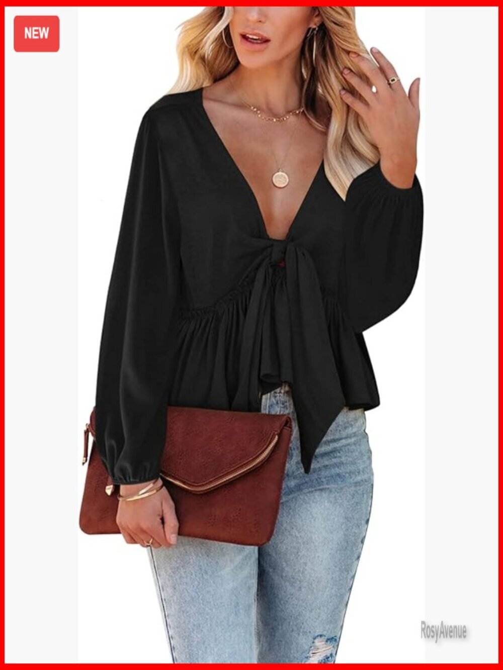 Long Sleeve V Neck Babydoll Crop Top Ruffle Tie Front Blouse